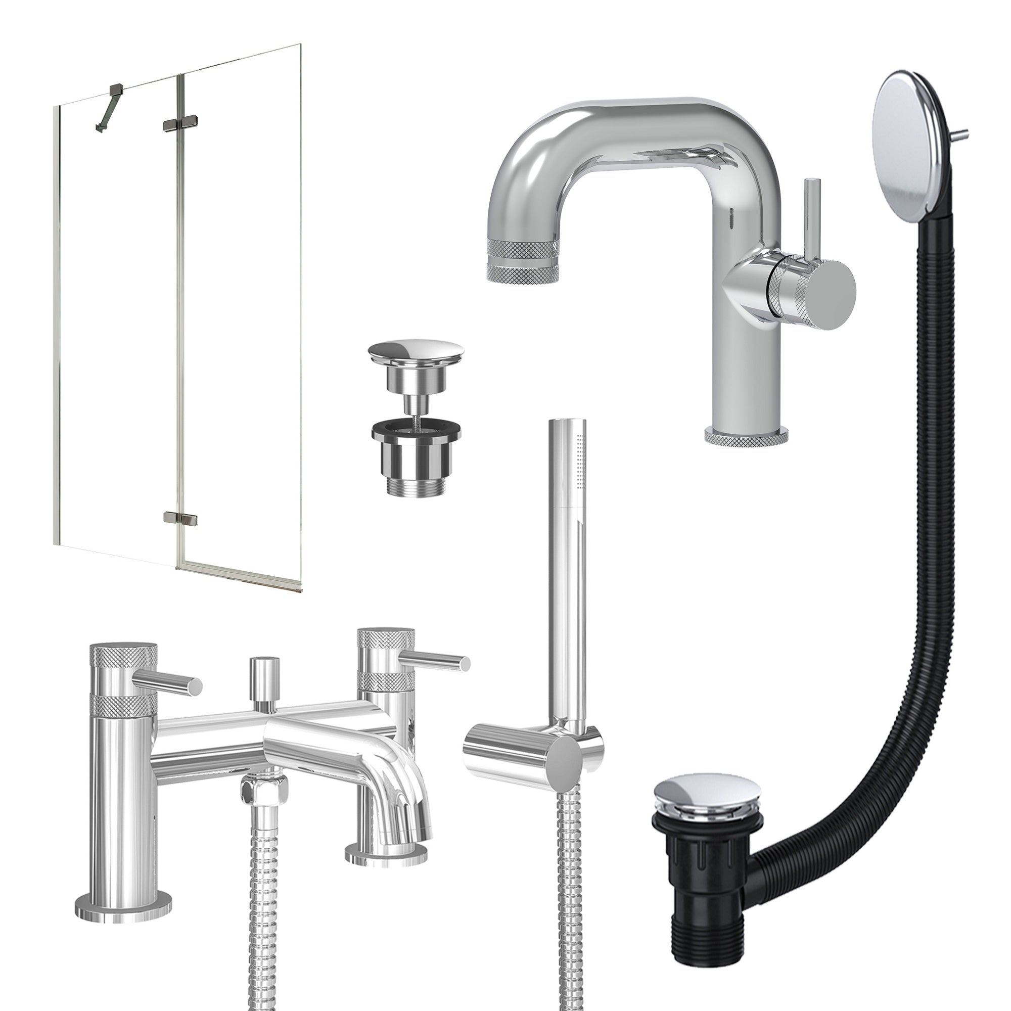 Chrome Side Lever Basin Mixer Tap, Bath Shower Mixer with Universal Basin and Bath Waste and Pivot Bath Screen