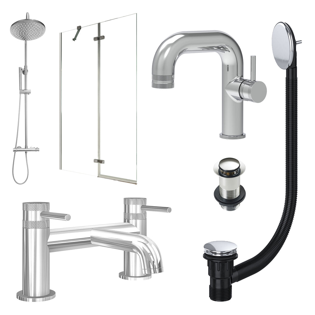 Chrome Side Lever Basin Mixer Tap, Bath Filler and Rigid Shower with Unslotted Basin and Bath Waste and Pivot Bath Screen