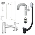 Chrome Side Lever Basin Mixer Tap, Bath Filler and Rigid Shower with Unslotted Basin and Bath Waste and Pivot Bath Screen