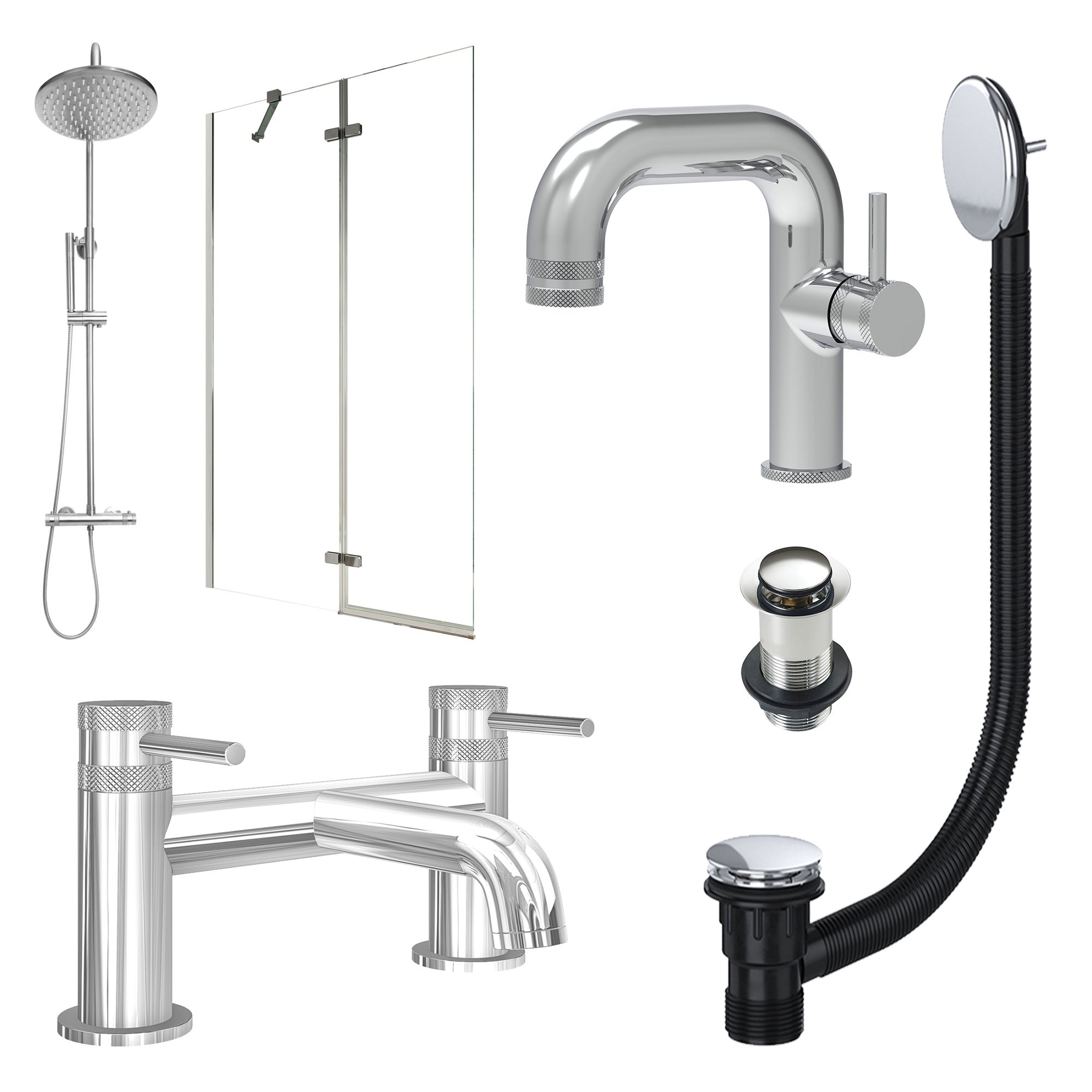 Chrome Side Lever Basin Mixer Tap, Bath Filler and Rigid Shower with Unslotted Basin and Bath Waste and Pivot Bath Screen