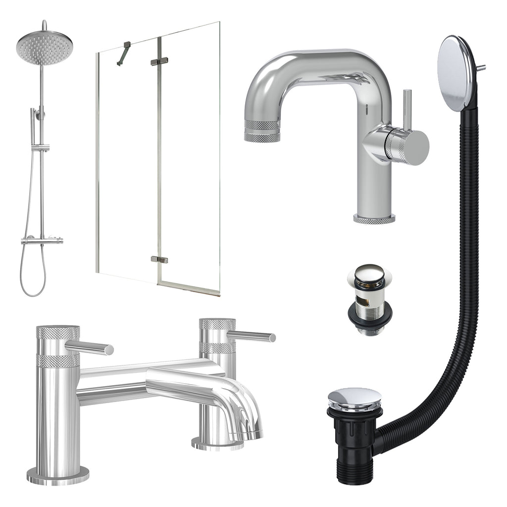 Chrome Side Lever Basin Mixer Tap, Bath Filler and Rigid Shower with Slotted Basin and Bath Waste and Pivot Bath Screen