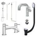 Chrome Side Lever Basin Mixer Tap, Bath Filler and Rigid Shower with Slotted Basin and Bath Waste and Pivot Bath Screen