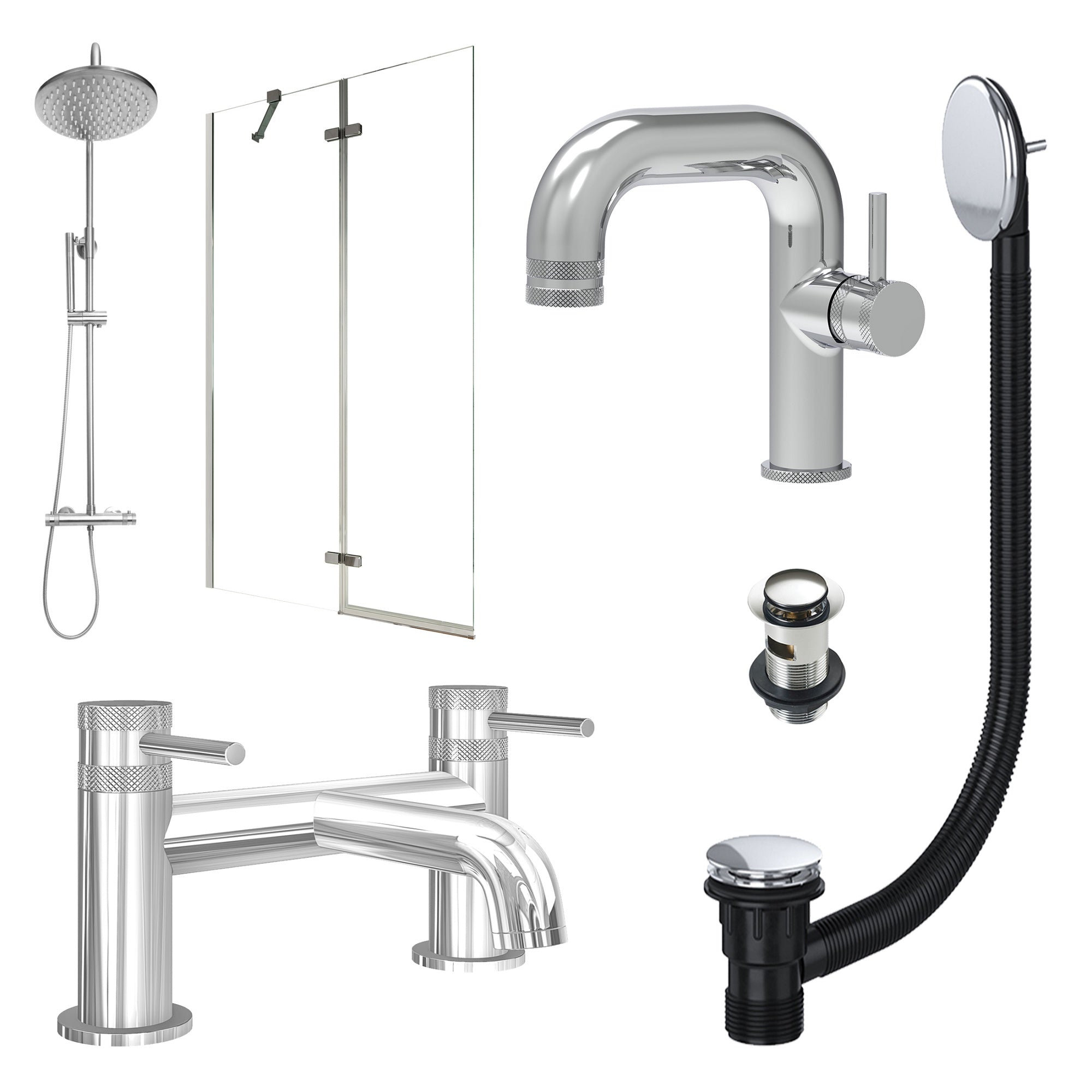 Chrome Side Lever Basin Mixer Tap, Bath Filler and Rigid Shower with Slotted Basin and Bath Waste and Pivot Bath Screen