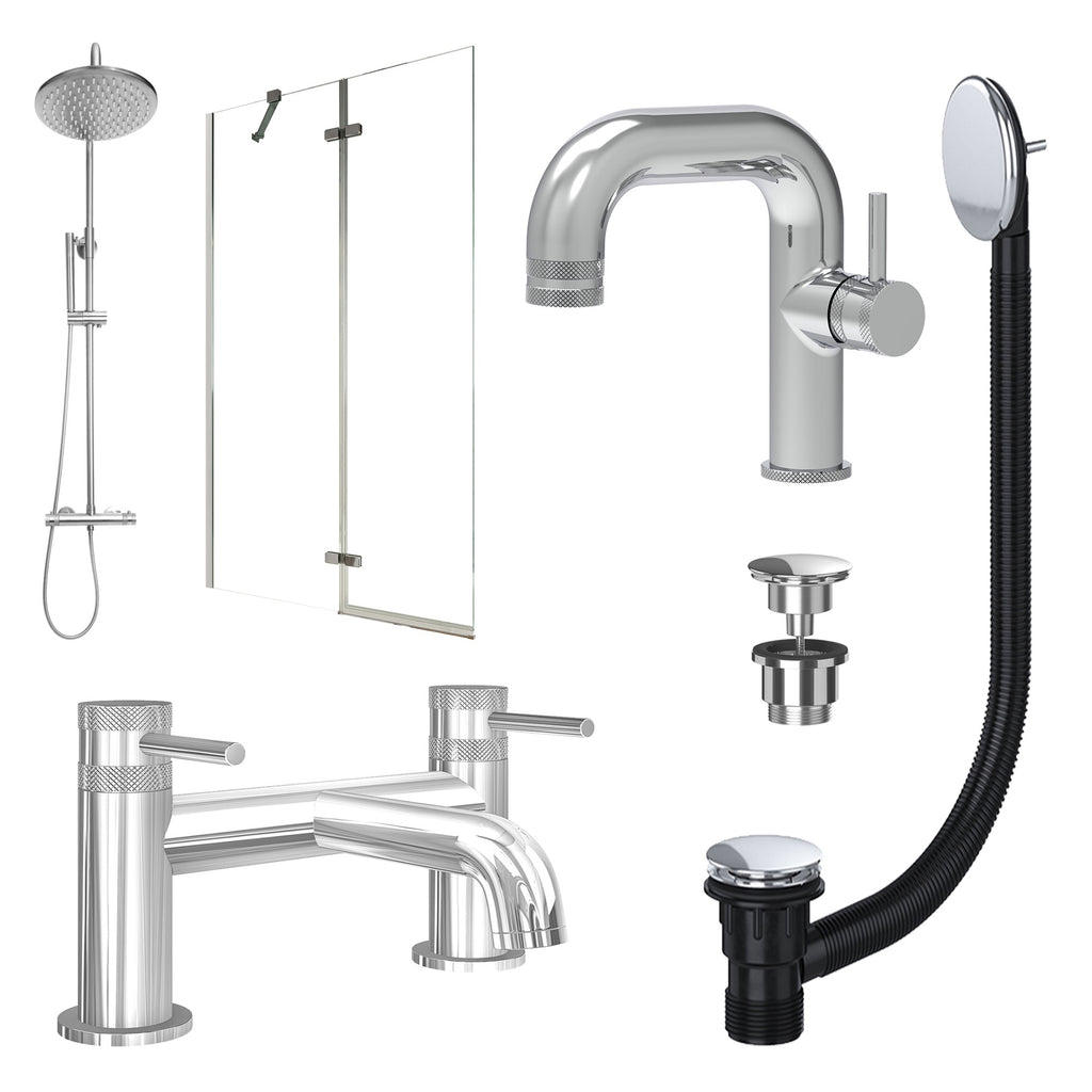 Chrome Side Lever Basin Mixer Tap, Bath Filler and Rigid Shower with Universal Basin and Bath Waste and Pivot Bath Screen