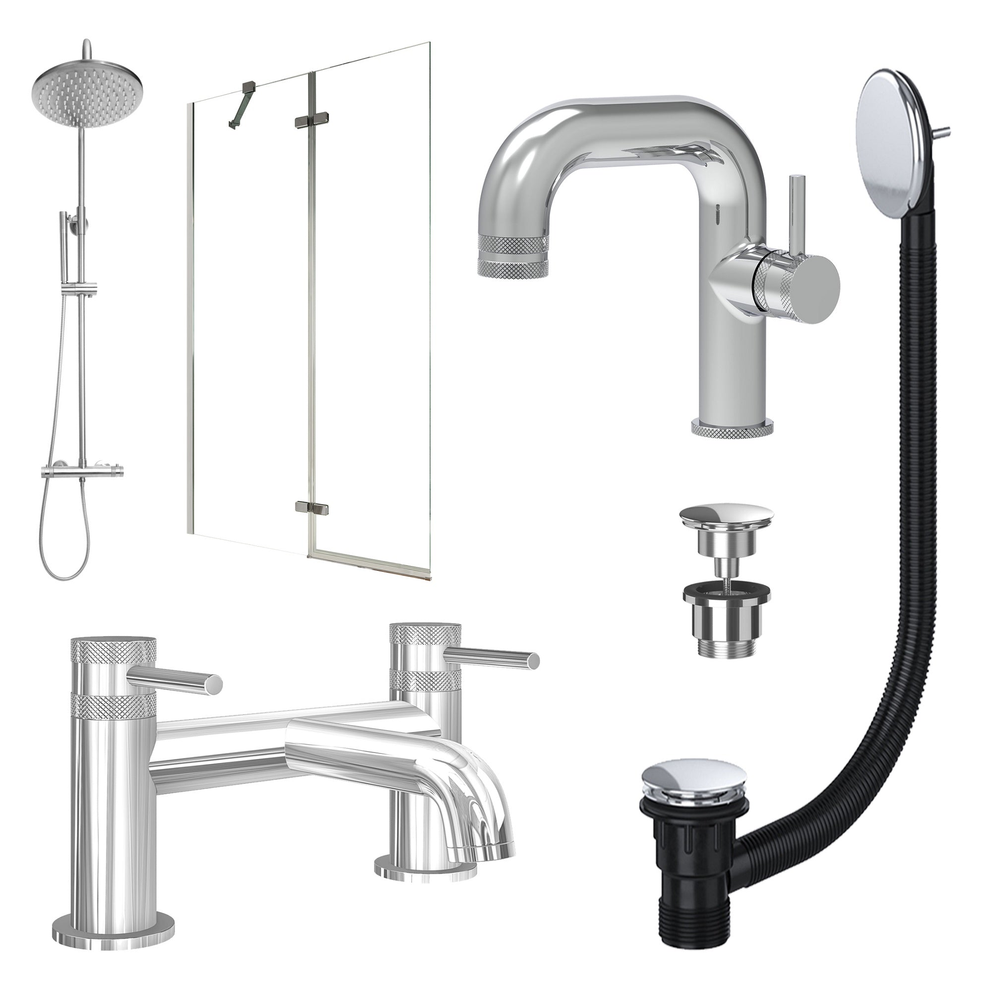 Chrome Side Lever Basin Mixer Tap, Bath Filler and Rigid Shower with Universal Basin and Bath Waste and Pivot Bath Screen