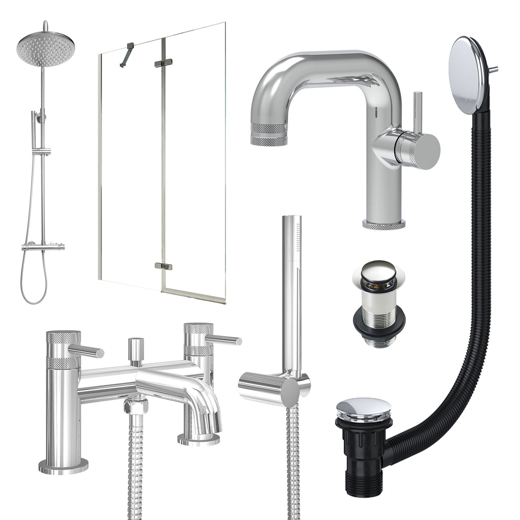 Chrome Side Lever Basin Mixer Tap, Bath Shower Mixer and Rigid Shower with Unslotted Basin and Bath Waste and Pivot Bath Screen