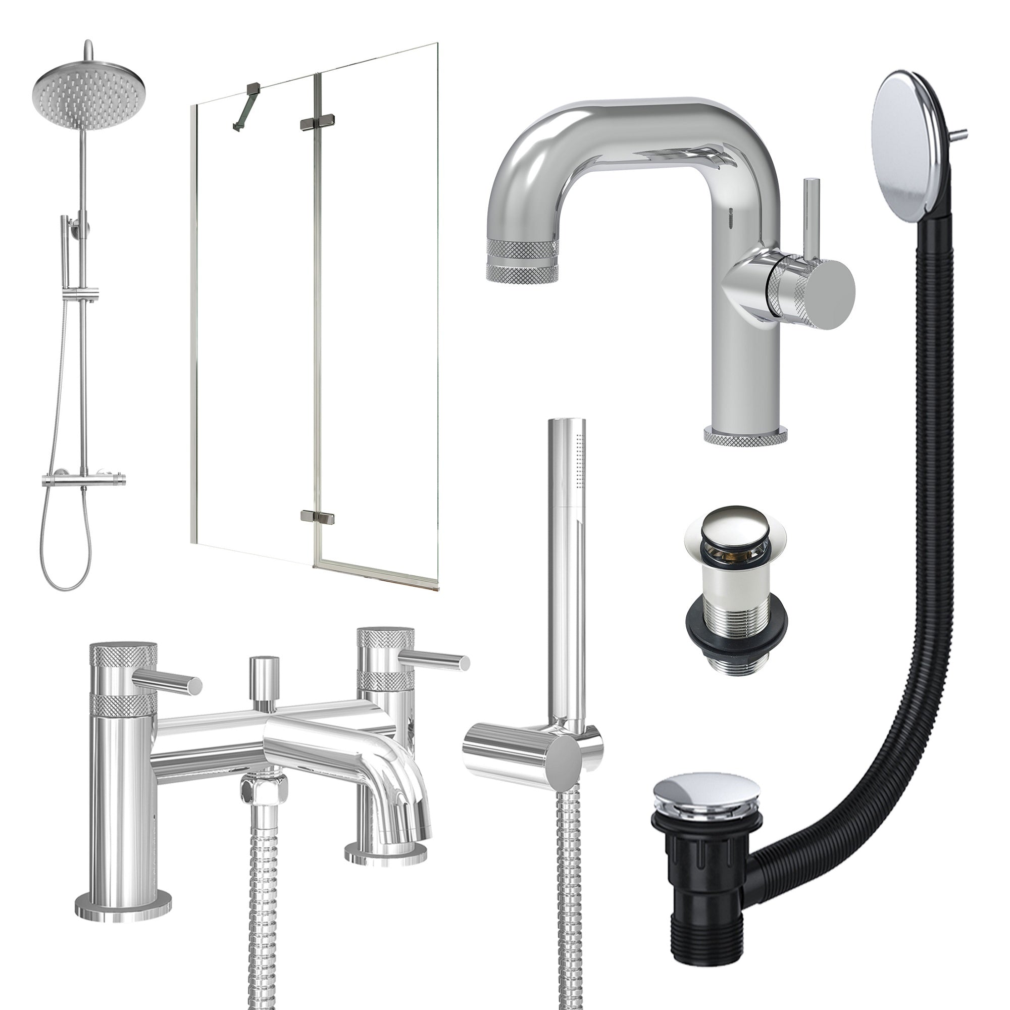 Chrome Side Lever Basin Mixer Tap, Bath Shower Mixer and Rigid Shower with Unslotted Basin and Bath Waste and Pivot Bath Screen