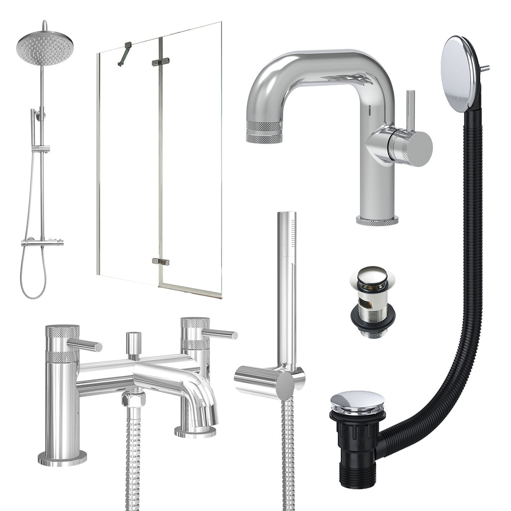 Chrome Side Lever Basin Mixer Tap, Bath Shower Mixer and Rigid Shower with Slotted Basin and Bath Waste and Pivot Bath Screen