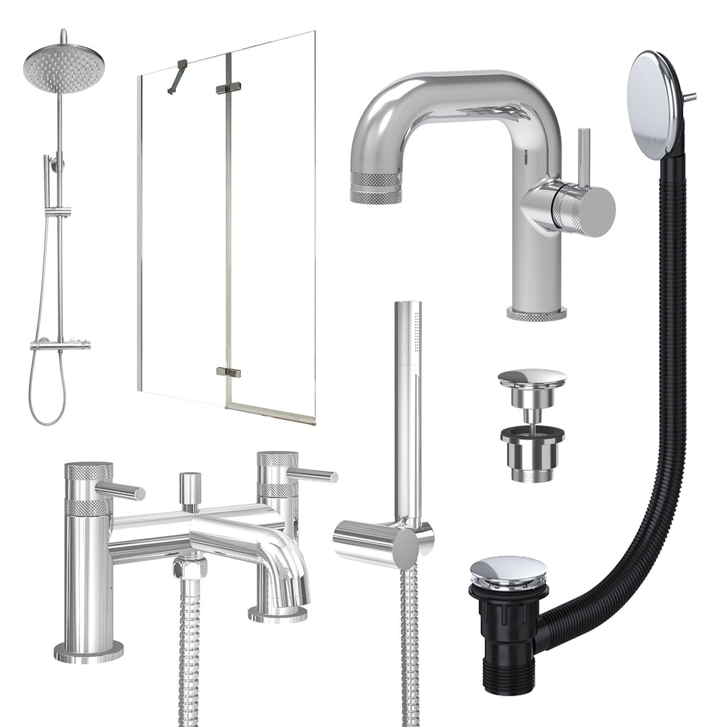 Chrome Side Lever Basin Mixer Tap, Bath Shower Mixer and Rigid Shower with Universal Basin and Bath Waste and Pivot Bath Screen