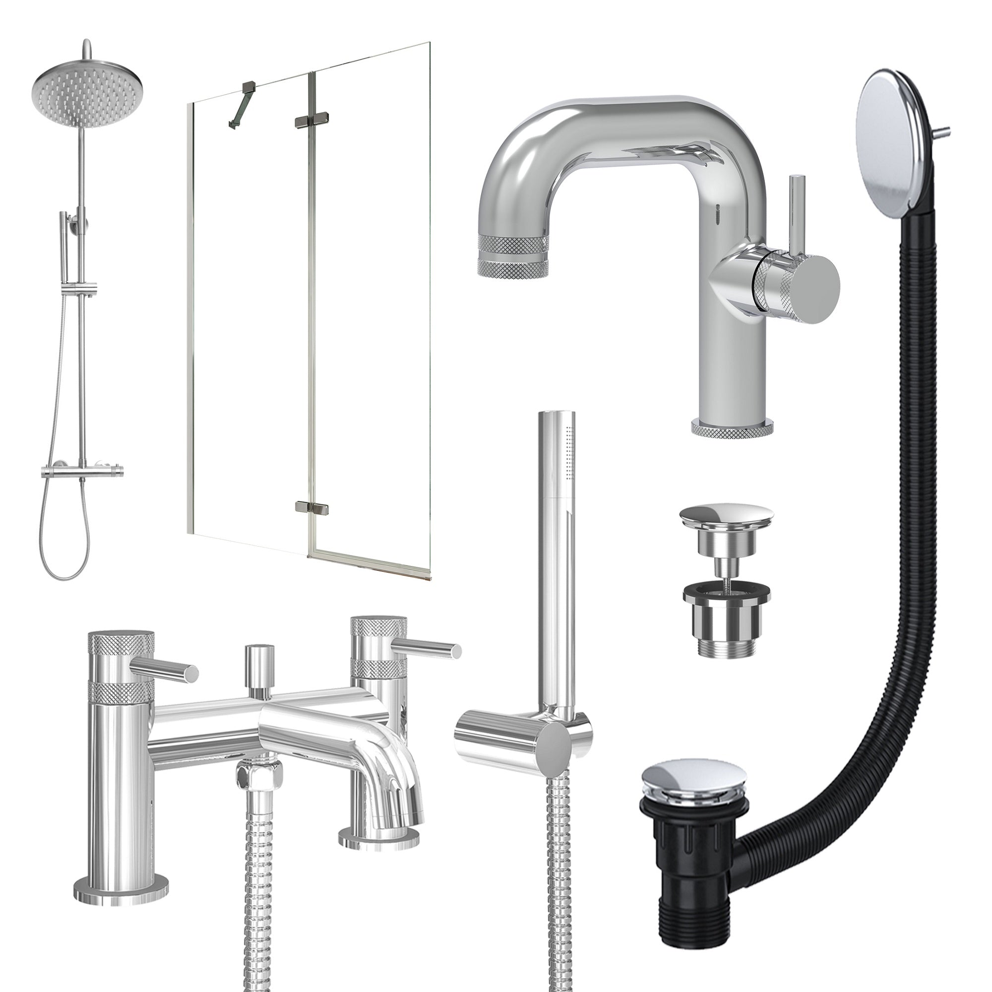 Chrome Side Lever Basin Mixer Tap, Bath Shower Mixer and Rigid Shower with Universal Basin and Bath Waste and Pivot Bath Screen