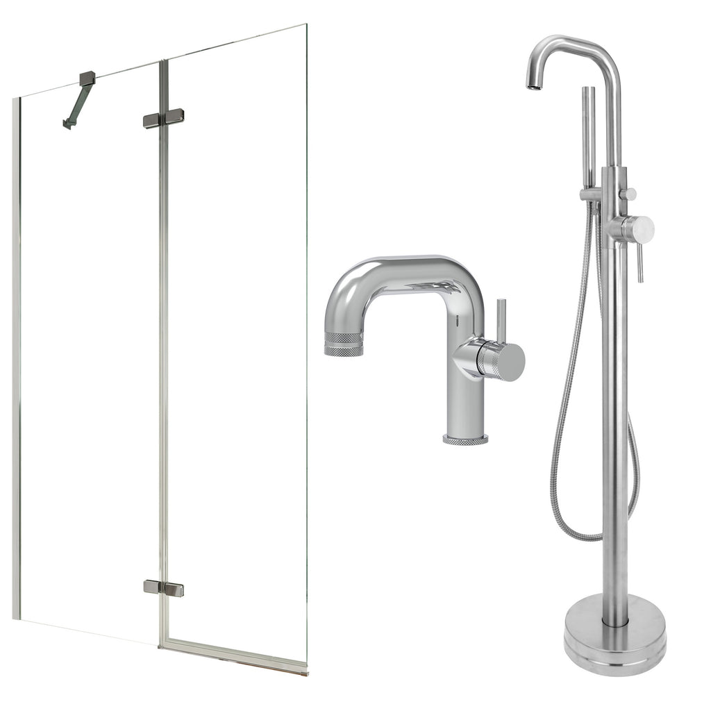 Chrome Side Lever Basin Mixer Tap, Freestanding Bath Shower Mixer and Pivot Bath Screen