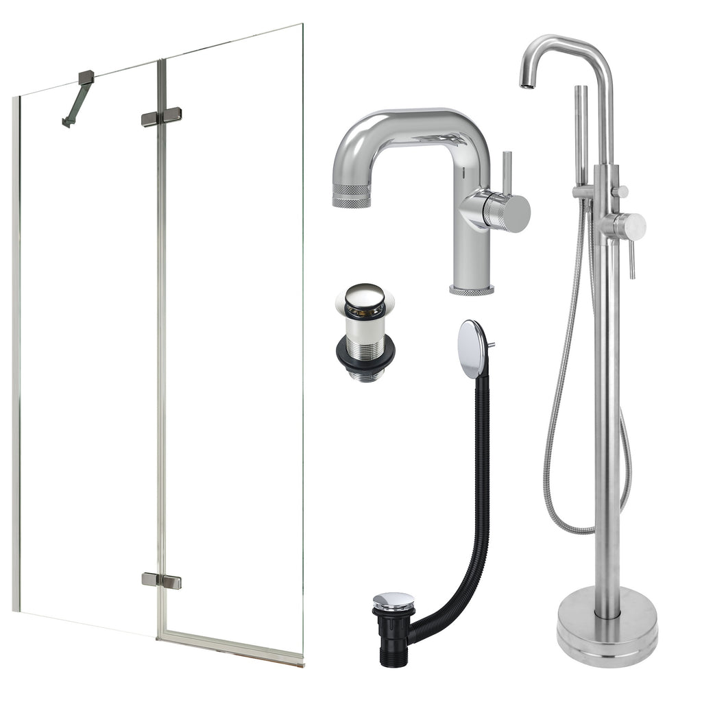 Chrome Side Lever Basin Mixer Tap, Freestanding Bath Shower Mixer and Unslotted Basin and Bath Waste and Pivot Bath Screen