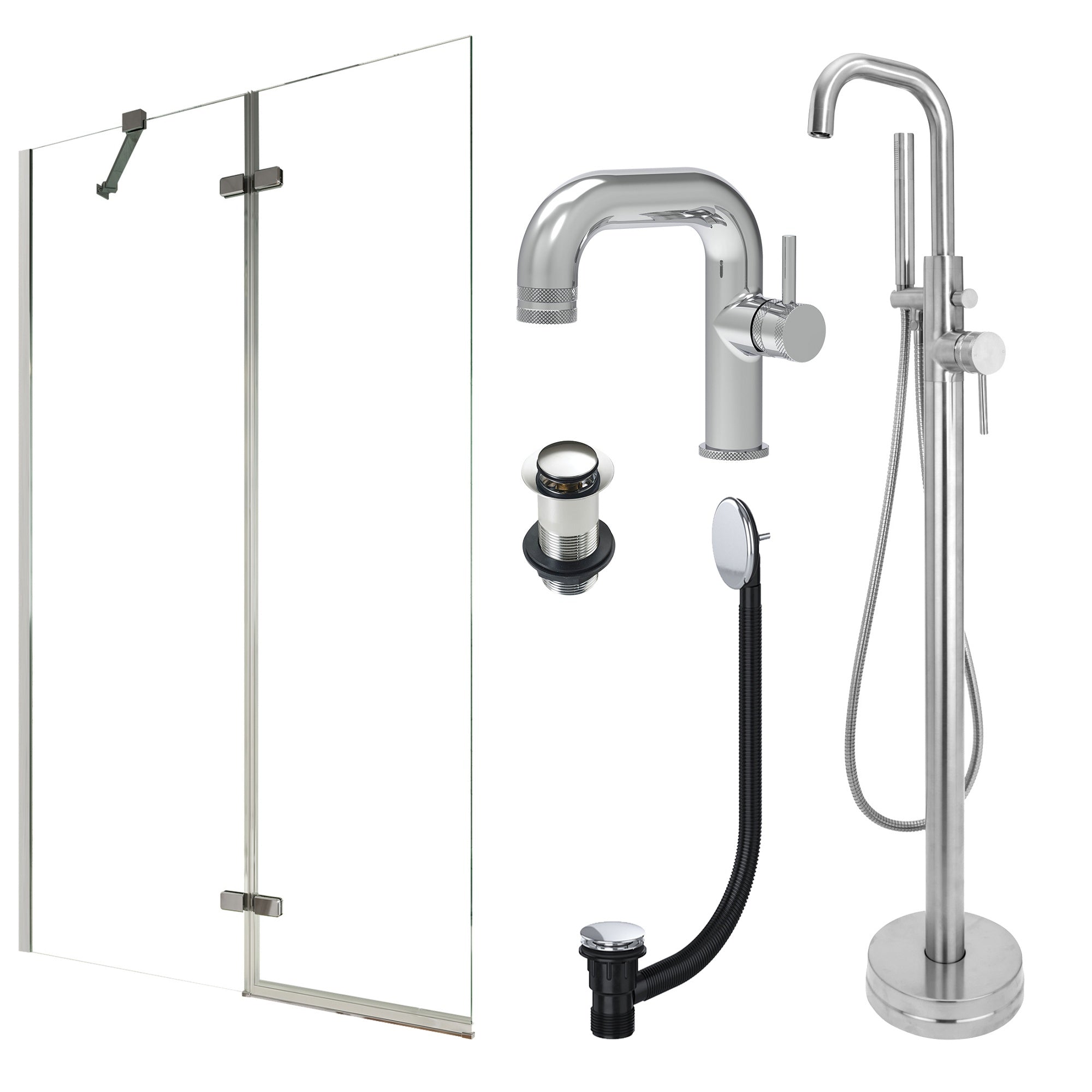 Chrome Side Lever Basin Mixer Tap, Freestanding Bath Shower Mixer and Unslotted Basin and Bath Waste and Pivot Bath Screen