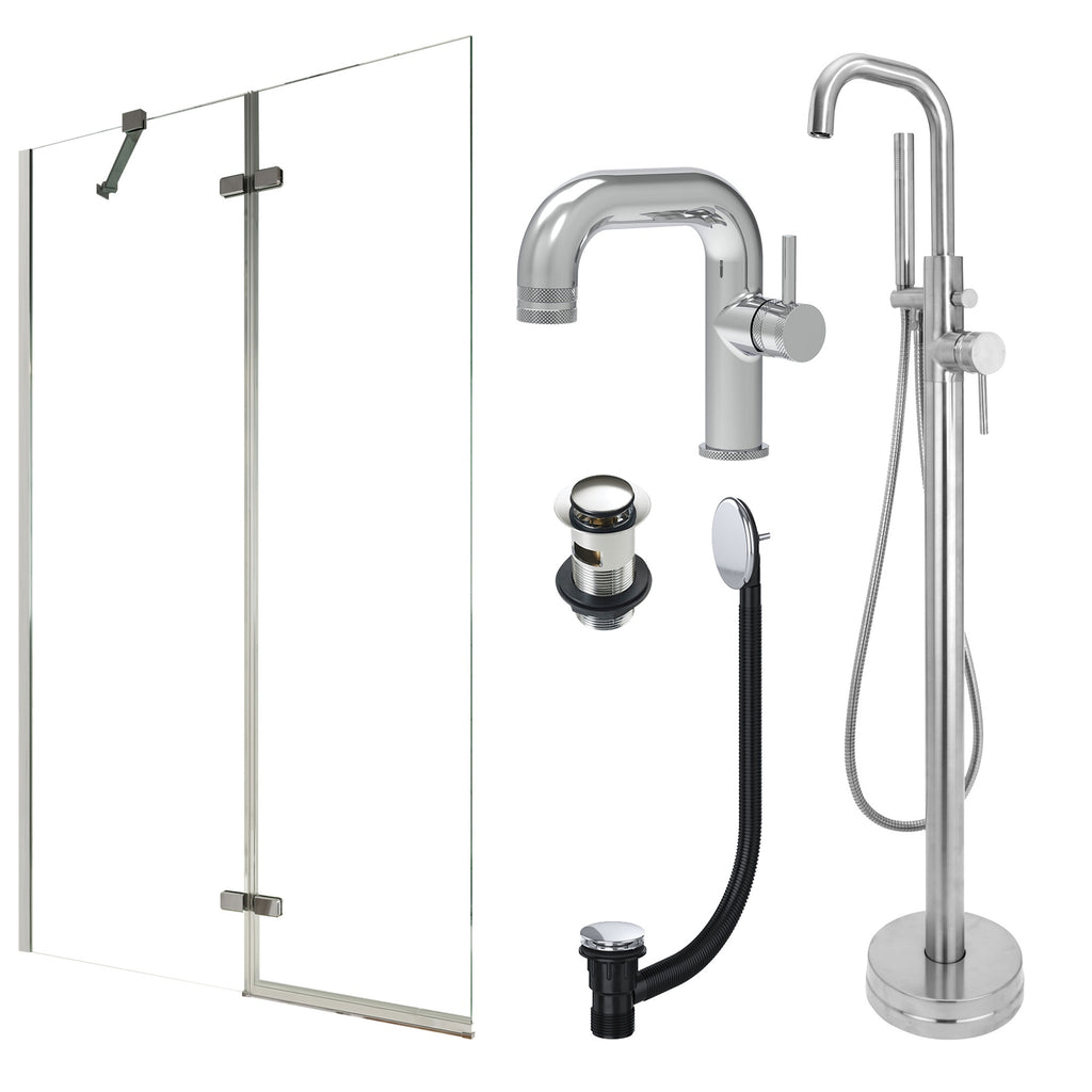 Chrome Side Lever Basin Mixer Tap, Freestanding Bath Shower Mixer and Slotted Basin and Bath Waste and Pivot Bath Screen