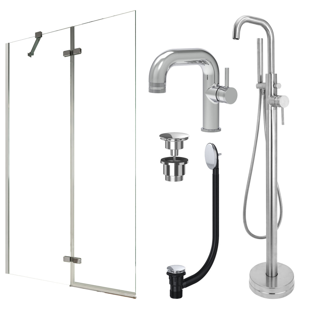 Chrome Side Lever Basin Mixer Tap, Freestanding Bath Shower Mixer and Universal Basin and Bath Waste and Pivot Bath Screen