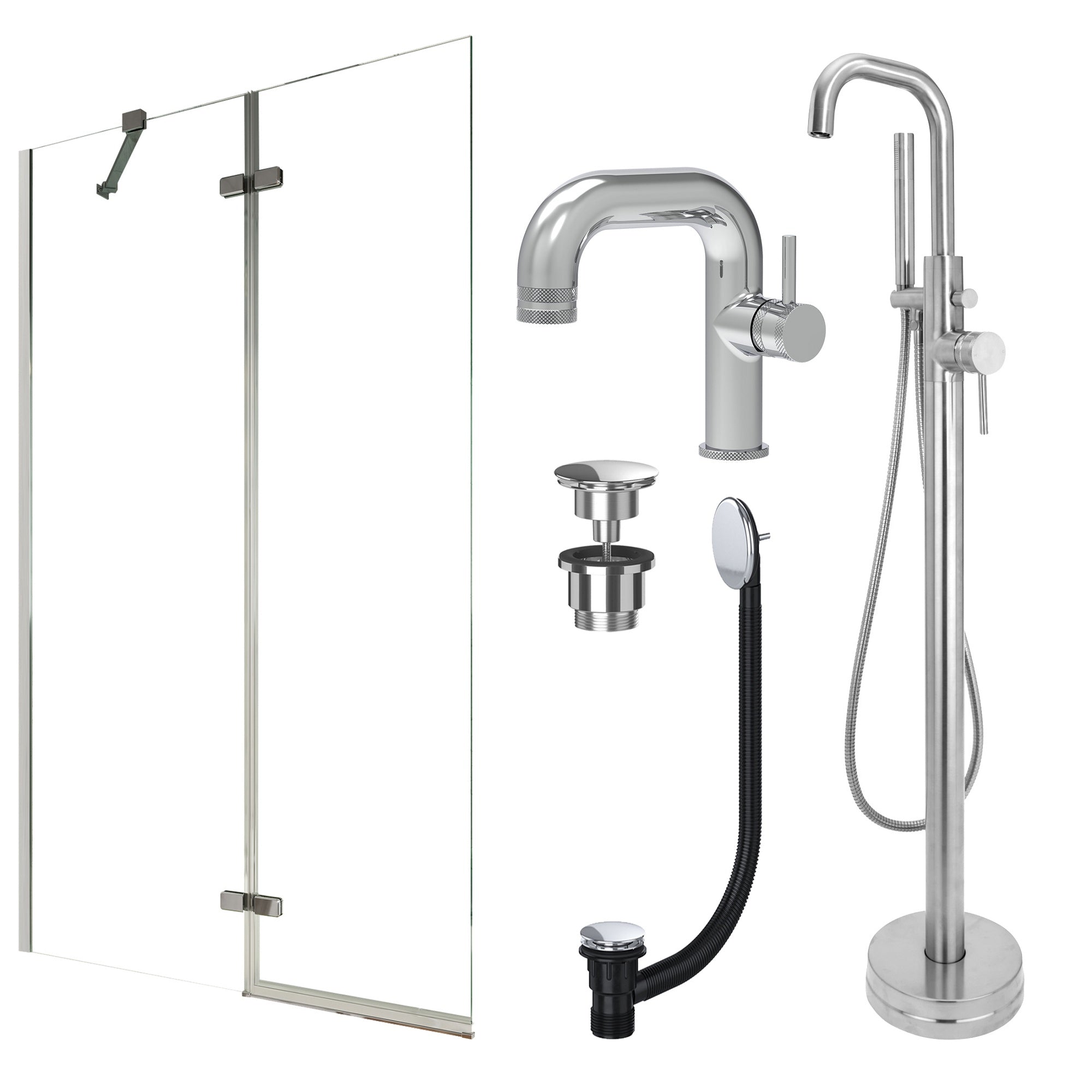 Chrome Side Lever Basin Mixer Tap, Freestanding Bath Shower Mixer and Universal Basin and Bath Waste and Pivot Bath Screen