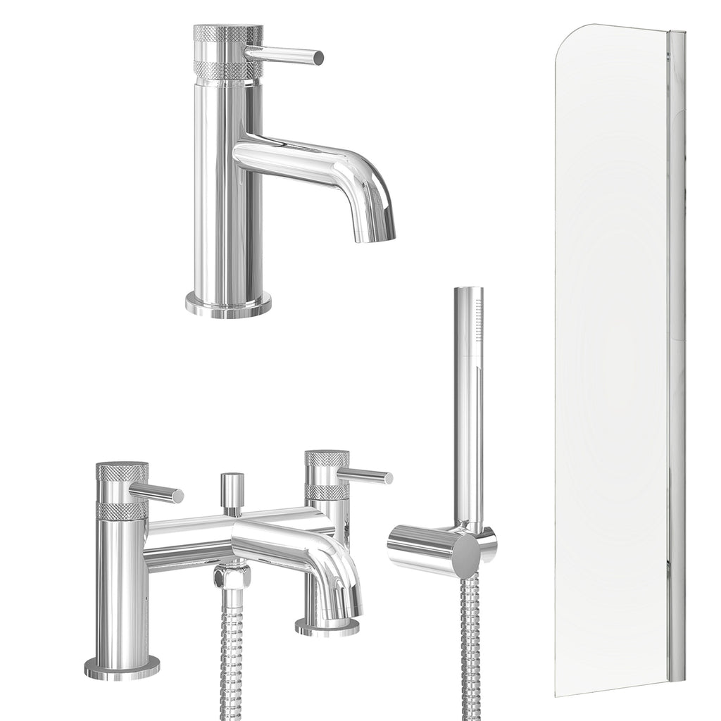 Chrome Basin Mixer Tap, Bath Shower Mixer and Radius Bath Screen