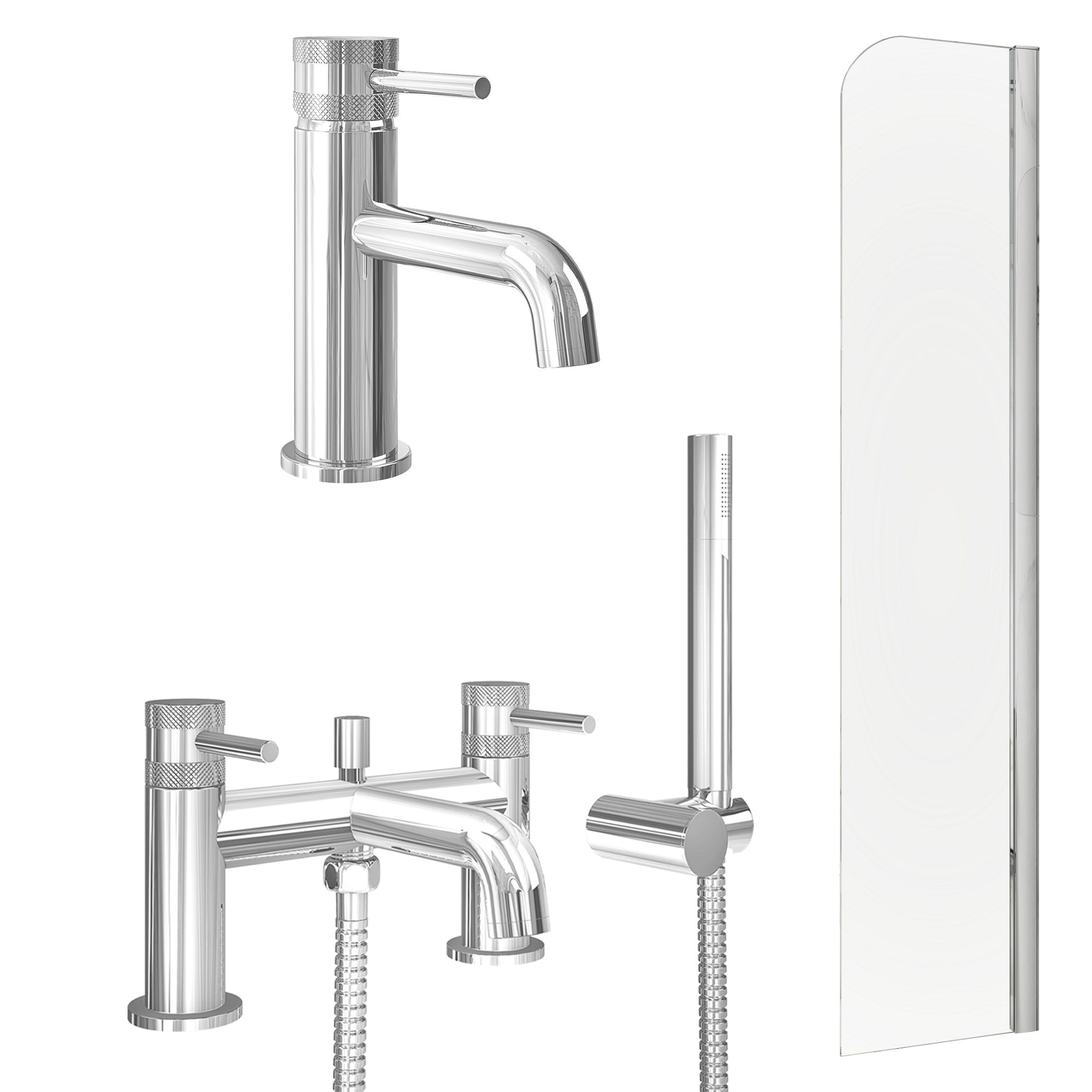 Chrome Basin Mixer Tap, Bath Shower Mixer and Radius Bath Screen