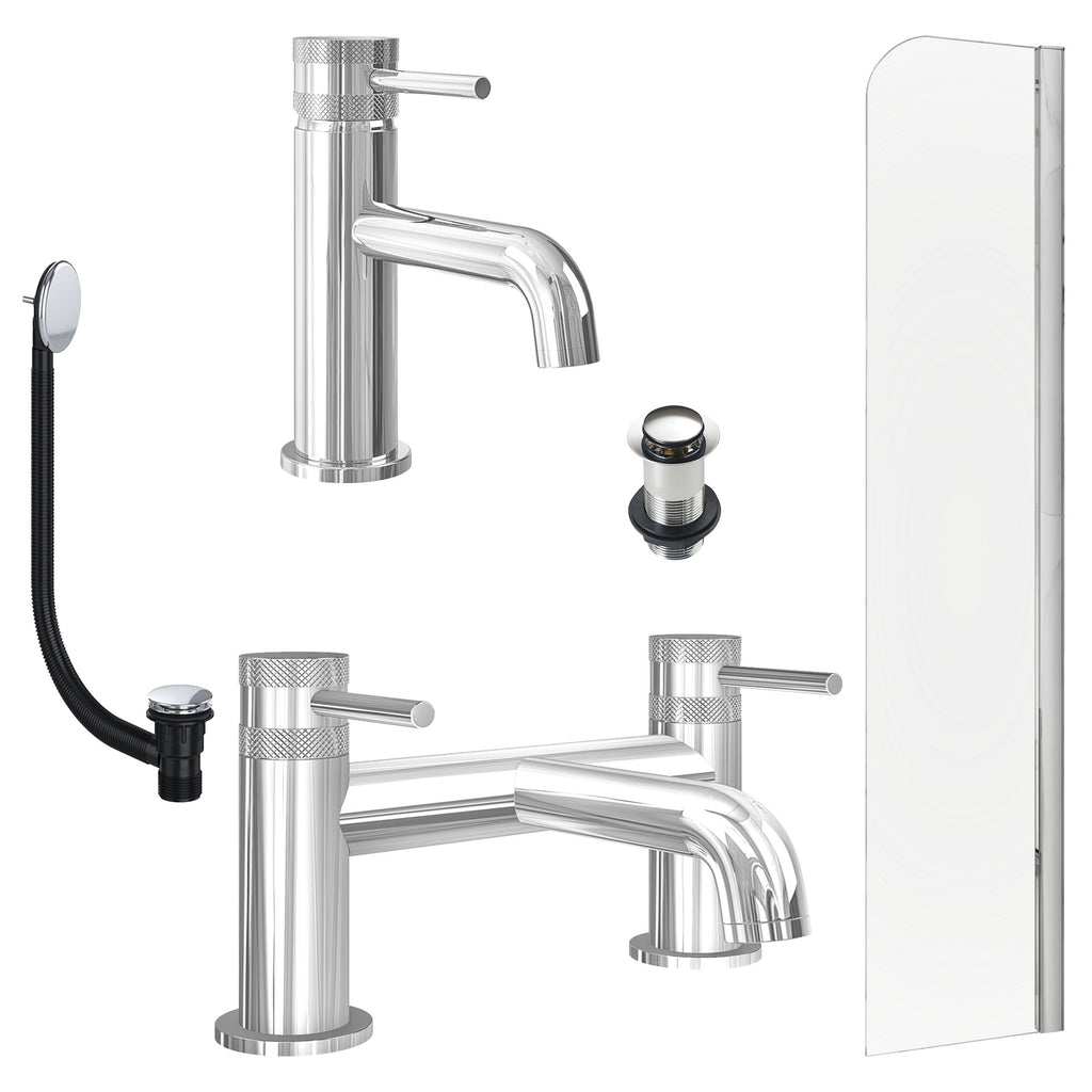 Chrome Basin Mixer Tap, Bath Filler with Unslotted Basin and Bath Waste and Radius Bath Screen