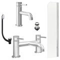 Chrome Basin Mixer Tap, Bath Filler with Unslotted Basin and Bath Waste and Radius Bath Screen