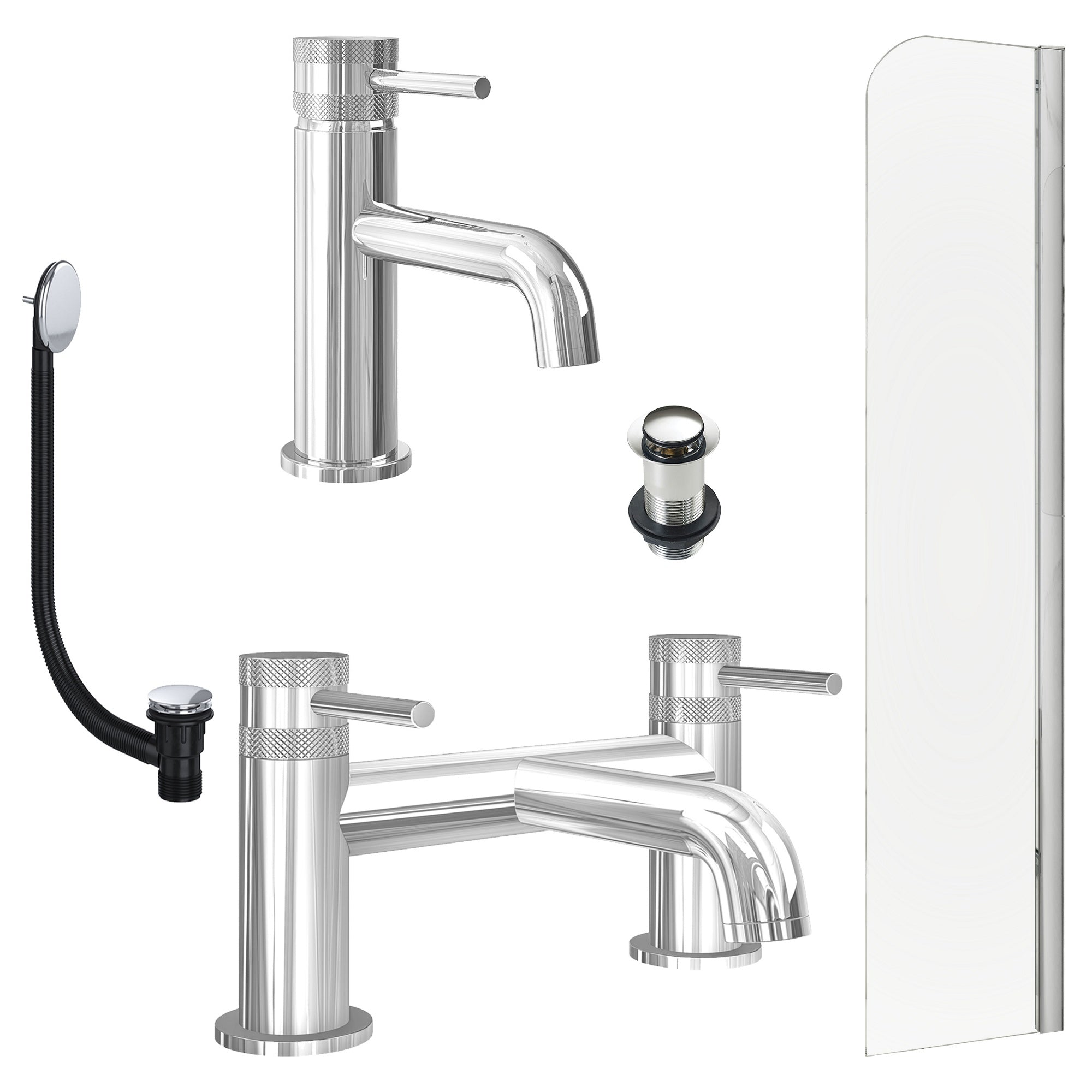 Chrome Basin Mixer Tap, Bath Filler with Unslotted Basin and Bath Waste and Radius Bath Screen