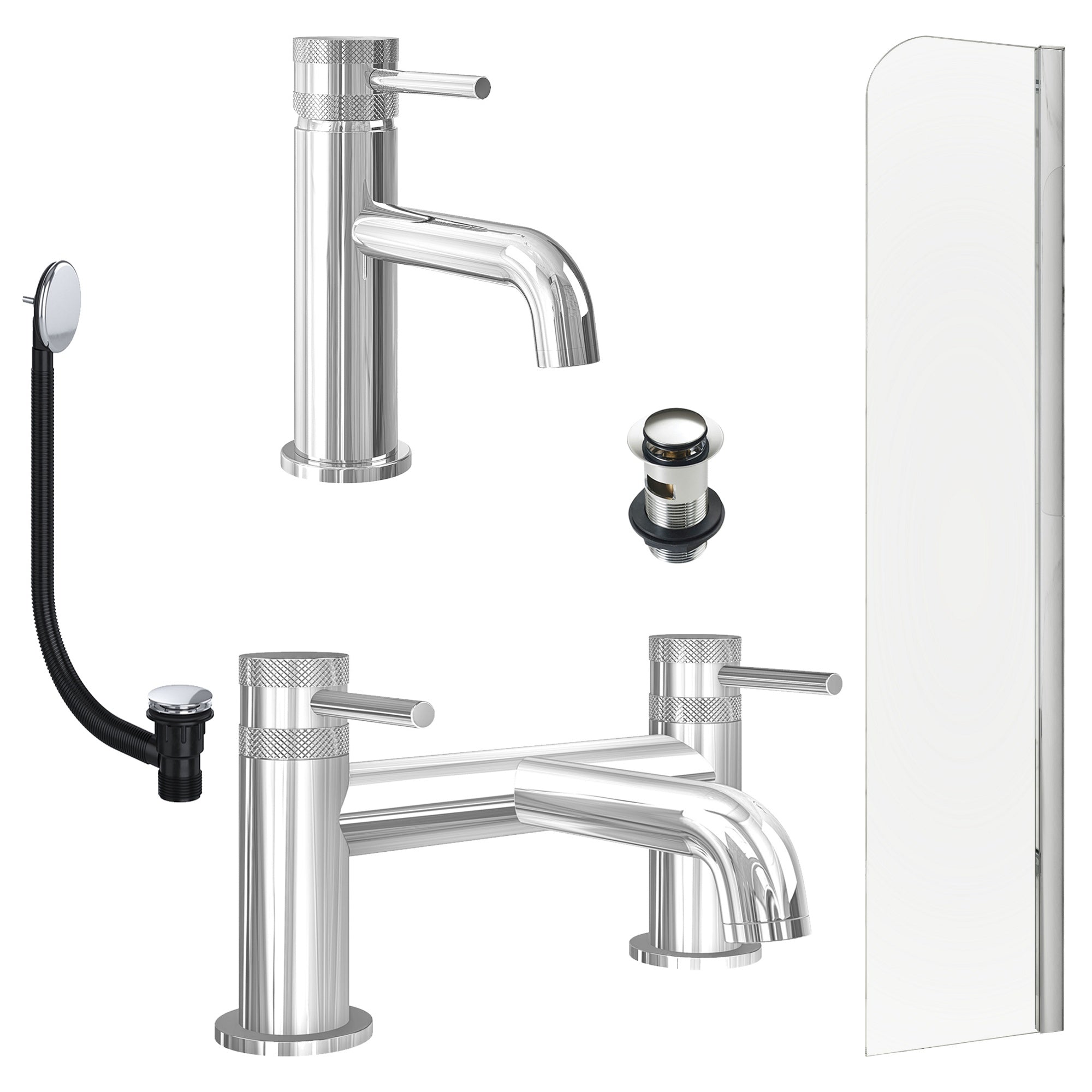 Chrome Basin Mixer Tap, Bath Filler with Slotted Basin and Bath Waste and Radius Bath Screen