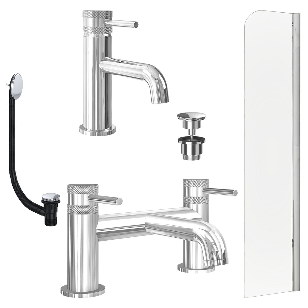 Chrome Basin Mixer Tap, Bath Filler with Universal Basin and Bath Waste and Radius Bath Screen