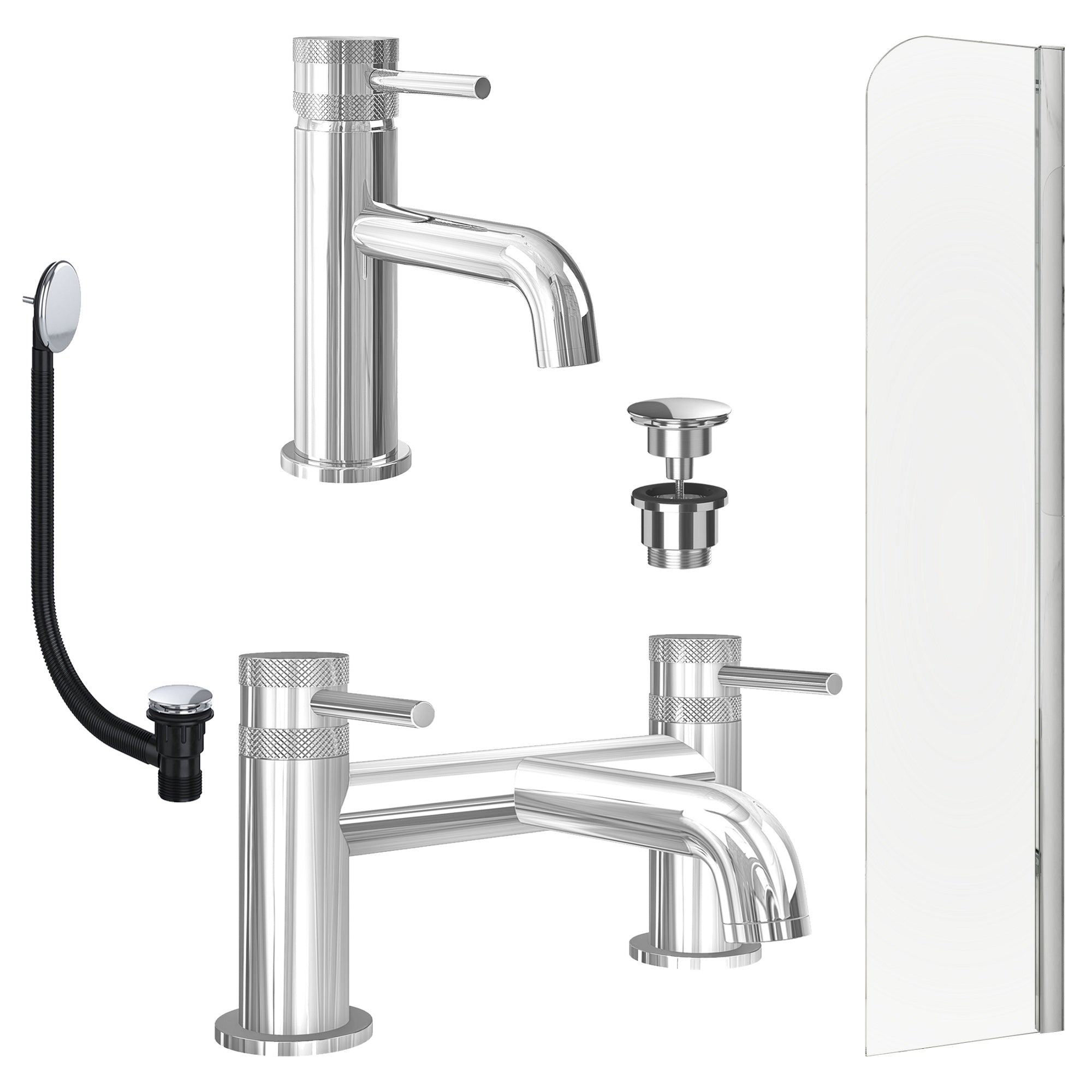 Chrome Basin Mixer Tap, Bath Filler with Universal Basin and Bath Waste and Radius Bath Screen