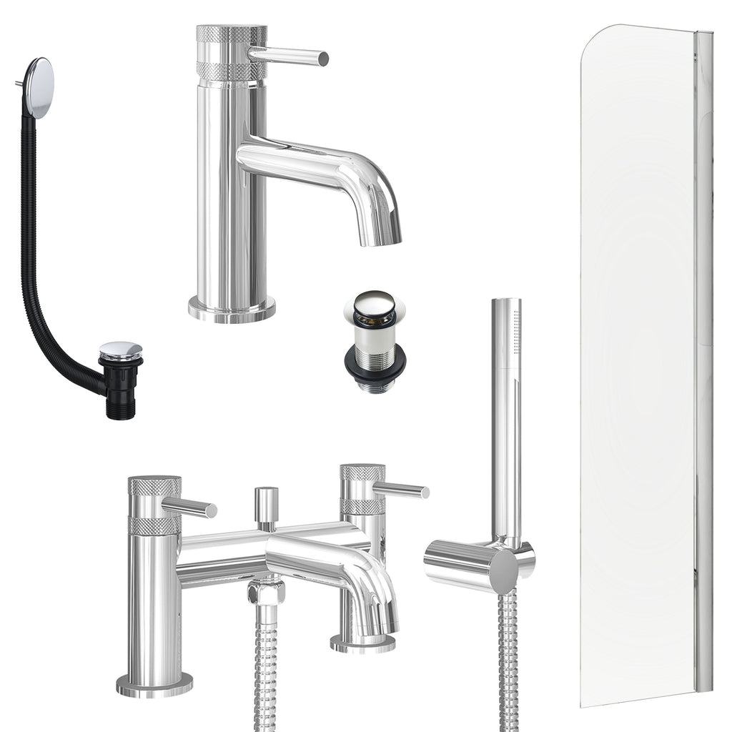 Chrome Basin Mixer Tap, Bath Shower Mixer with Unslotted Basin and Bath Waste and Radius Bath Screen