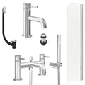 Chrome Basin Mixer Tap, Bath Shower Mixer with Unslotted Basin and Bath Waste and Radius Bath Screen