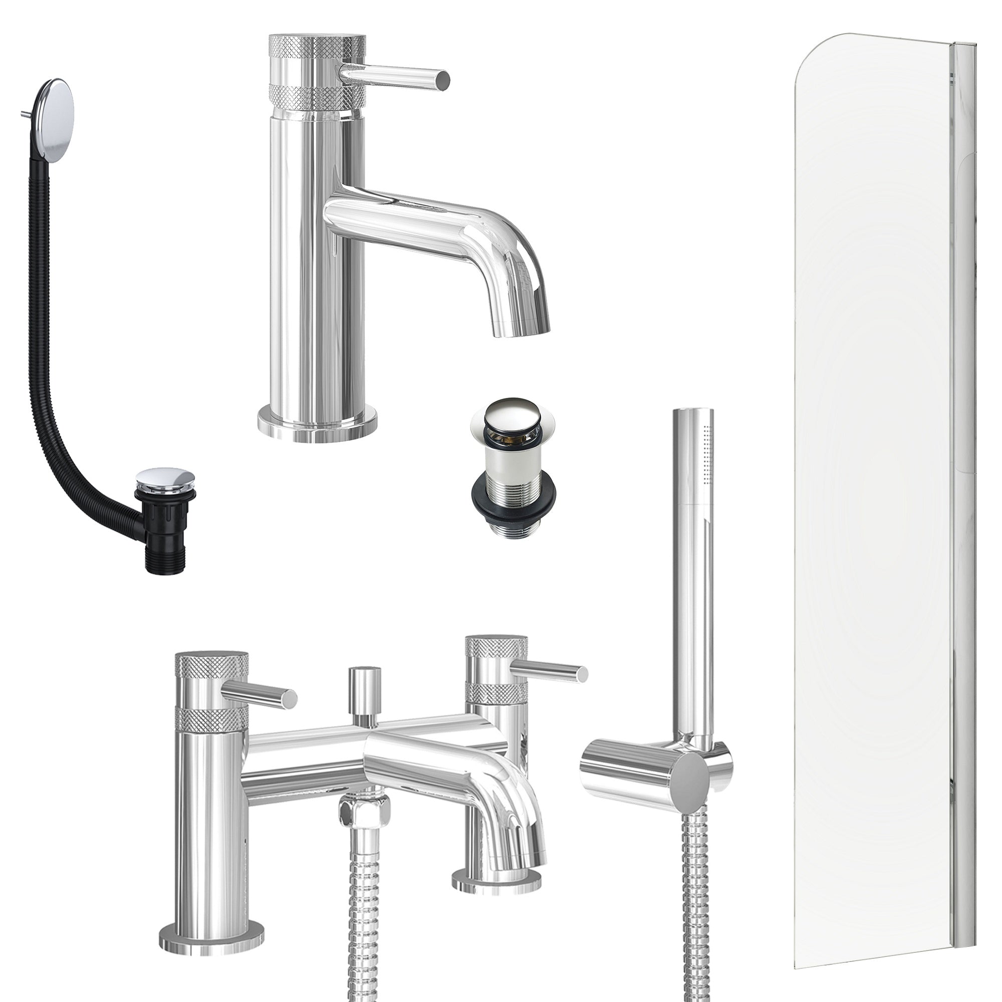 Chrome Basin Mixer Tap, Bath Shower Mixer with Unslotted Basin and Bath Waste and Radius Bath Screen