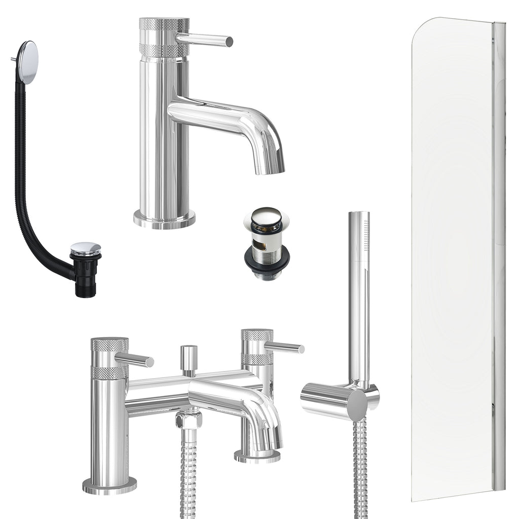 Chrome Basin Mixer Tap, Bath Shower Mixer with Slotted Basin and Bath Waste and Radius Bath Screen