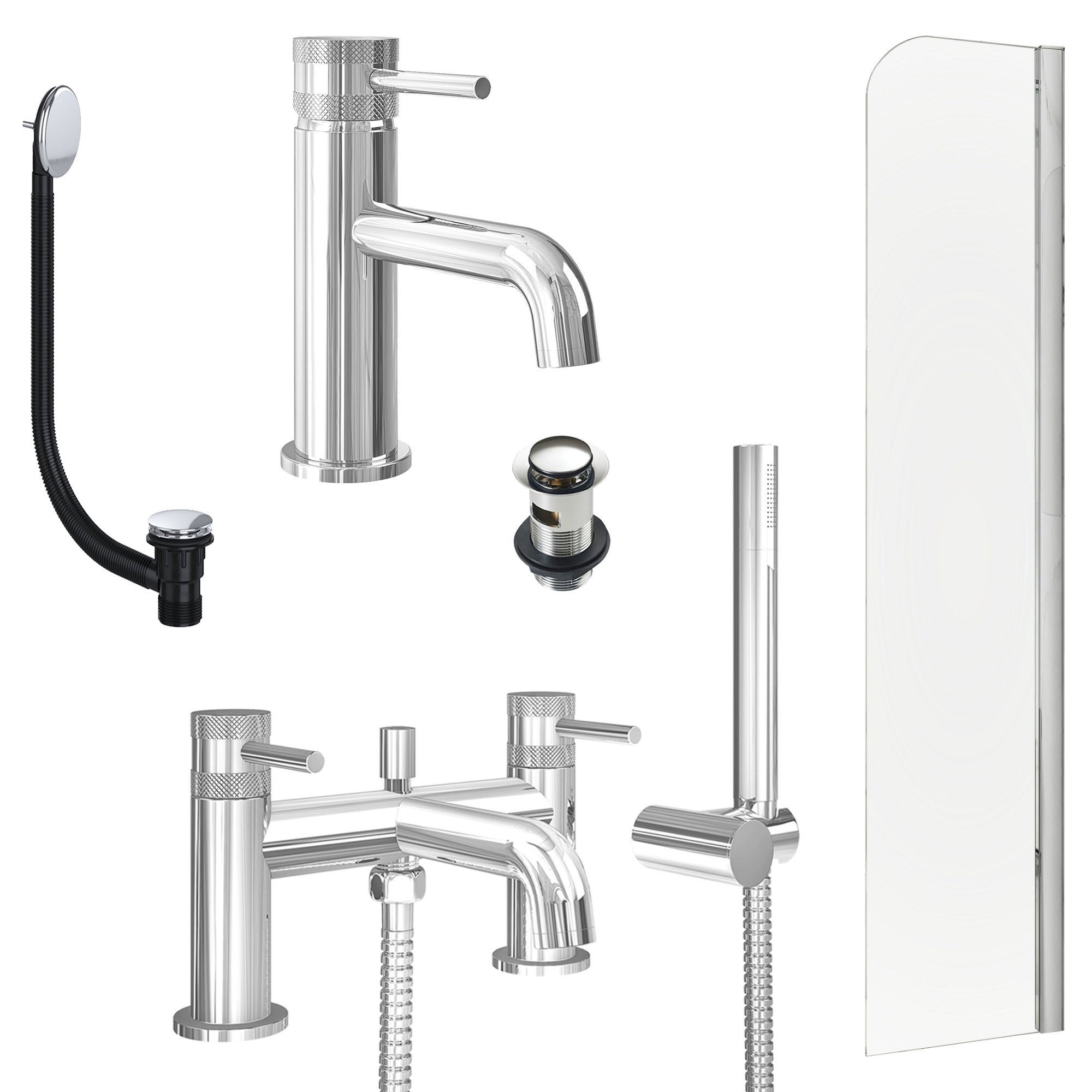 Chrome Basin Mixer Tap, Bath Shower Mixer with Slotted Basin and Bath Waste and Radius Bath Screen