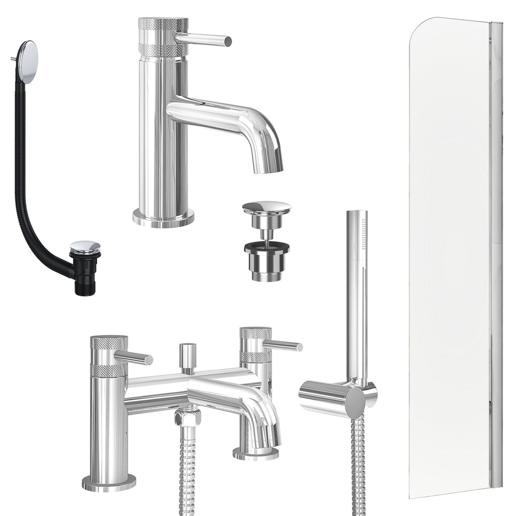 Chrome Basin Mixer Tap, Bath Shower Mixer with Universal Basin and Bath Waste and Radius Bath Screen