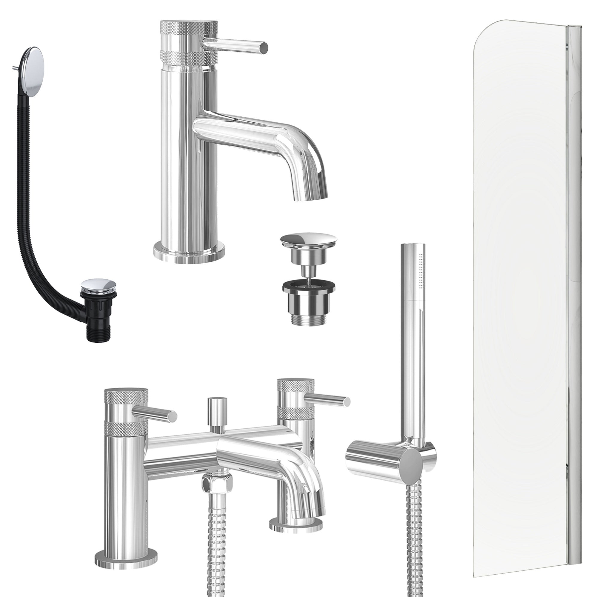 Chrome Basin Mixer Tap, Bath Shower Mixer with Universal Basin and Bath Waste and Radius Bath Screen