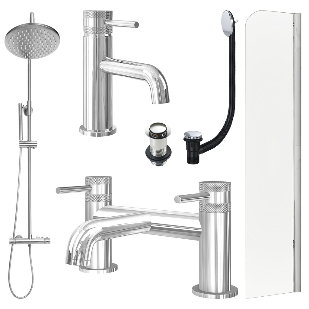 Chrome Basin Mixer Tap, Bath Filler and Rigid Shower with Unslotted Basin and Bath Waste and Radius Bath Screen