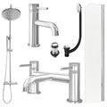 Chrome Basin Mixer Tap, Bath Filler and Rigid Shower with Unslotted Basin and Bath Waste and Radius Bath Screen