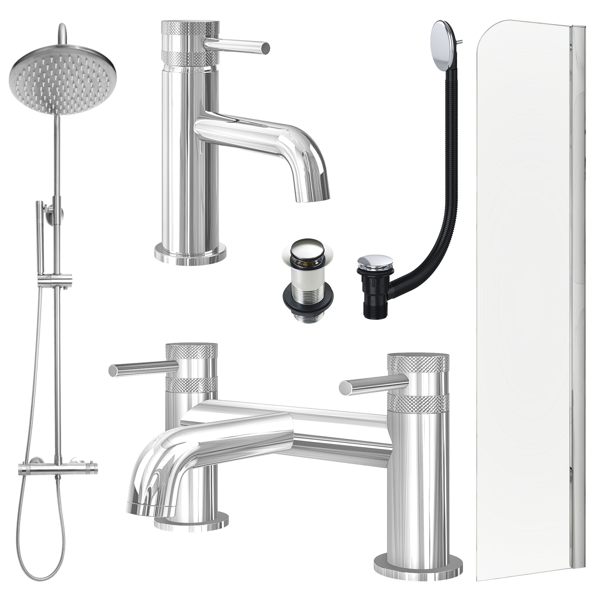 Chrome Basin Mixer Tap, Bath Filler and Rigid Shower with Unslotted Basin and Bath Waste and Radius Bath Screen