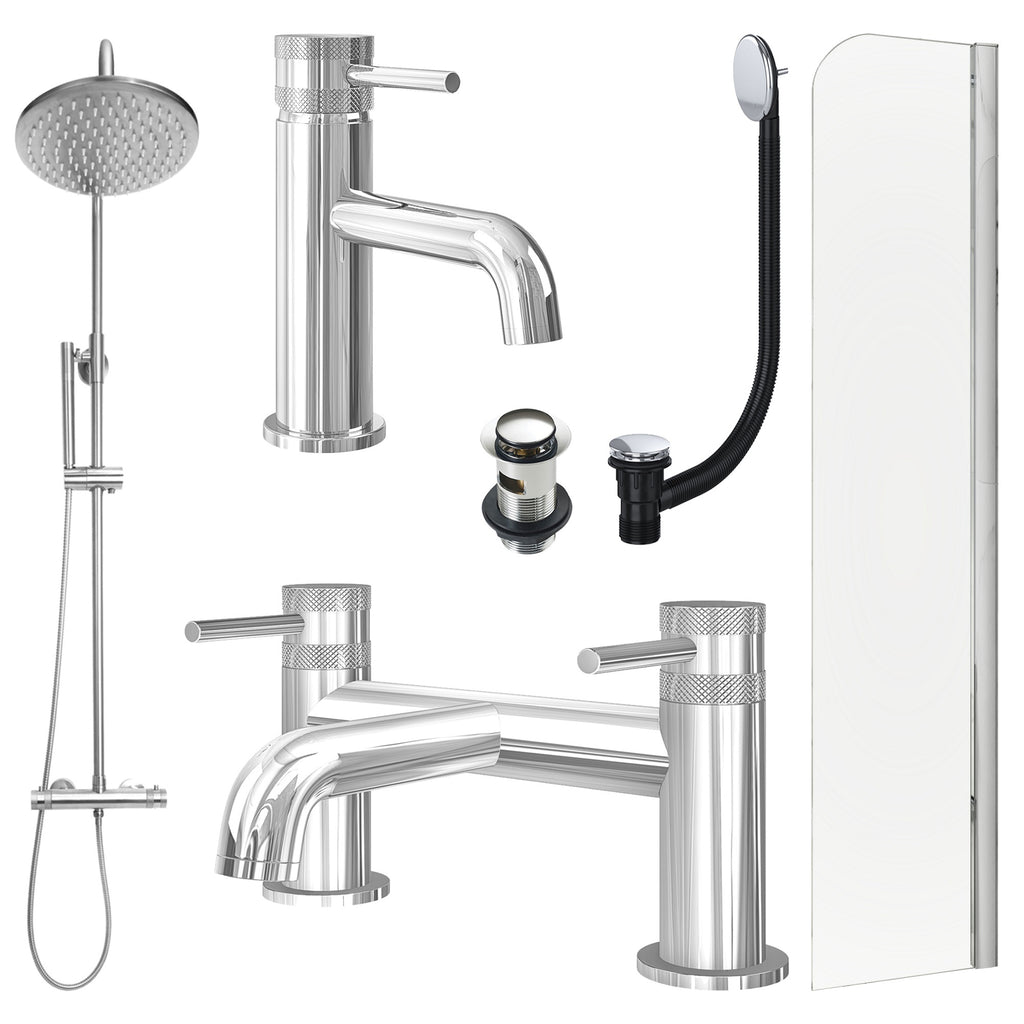 Chrome Basin Mixer Tap, Bath Filler and Rigid Shower with Slotted Basin and Bath Waste and Radius Bath Screen