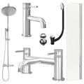 Chrome Basin Mixer Tap, Bath Filler and Rigid Shower with Slotted Basin and Bath Waste and Radius Bath Screen
