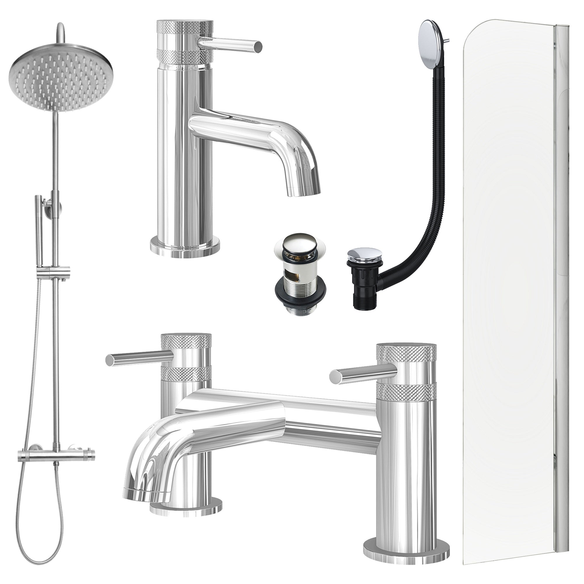 Chrome Basin Mixer Tap, Bath Filler and Rigid Shower with Slotted Basin and Bath Waste and Radius Bath Screen