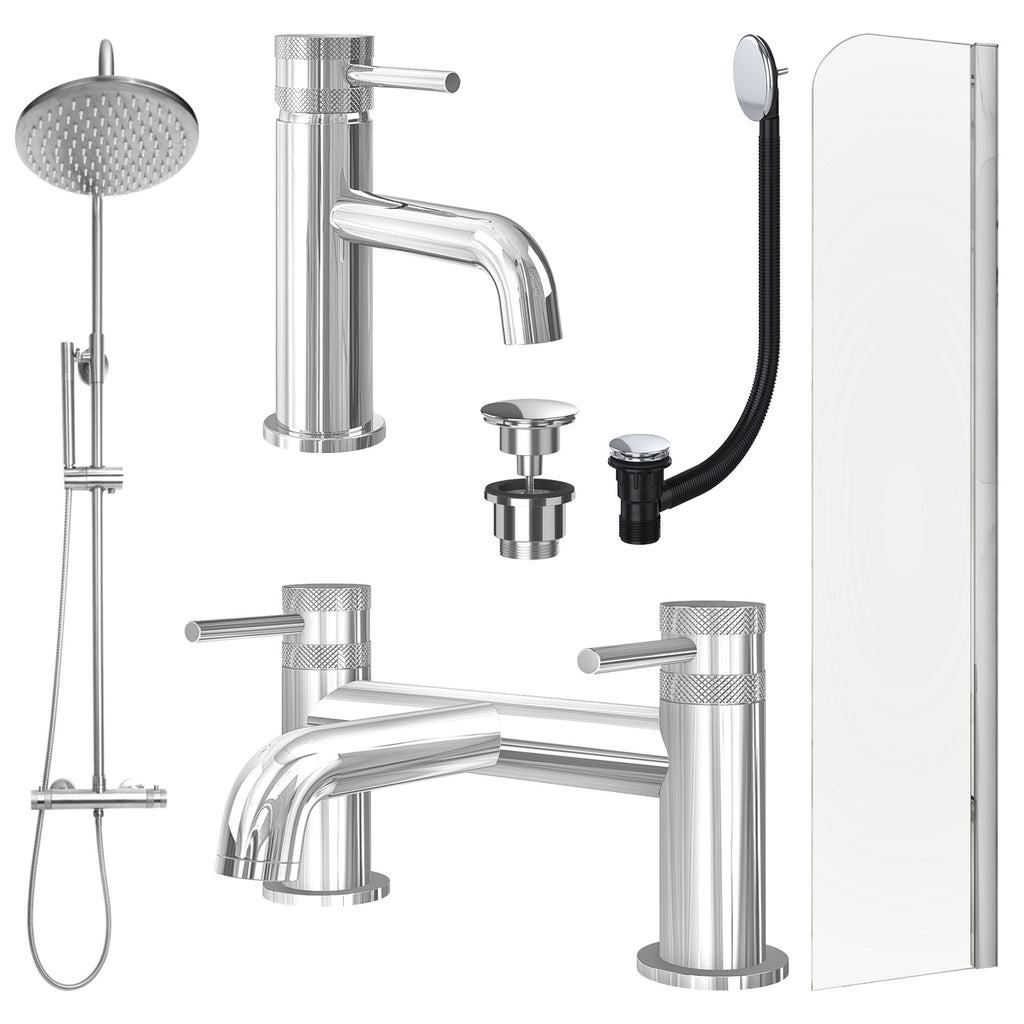 Chrome Basin Mixer Tap, Bath Filler and Rigid Shower with Universal Basin and Bath Waste and Radius Bath Screen