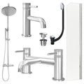 Chrome Basin Mixer Tap, Bath Filler and Rigid Shower with Universal Basin and Bath Waste and Radius Bath Screen
