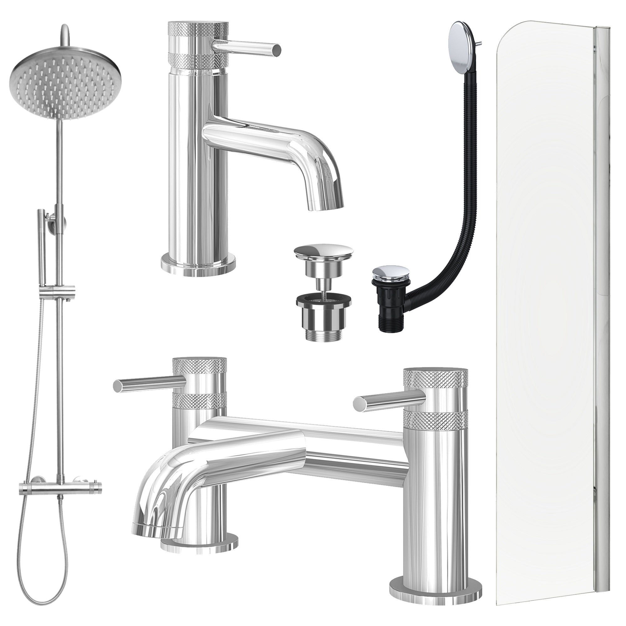 Chrome Basin Mixer Tap, Bath Filler and Rigid Shower with Universal Basin and Bath Waste and Radius Bath Screen