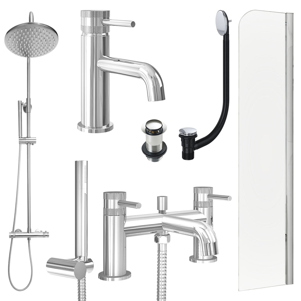Chrome Basin Mixer Tap, Bath Shower Mixer and Rigid Shower with Unslotted Basin and Bath Waste and Radius Bath Screen