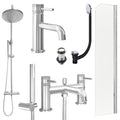 Chrome Basin Mixer Tap, Bath Shower Mixer and Rigid Shower with Unslotted Basin and Bath Waste and Radius Bath Screen