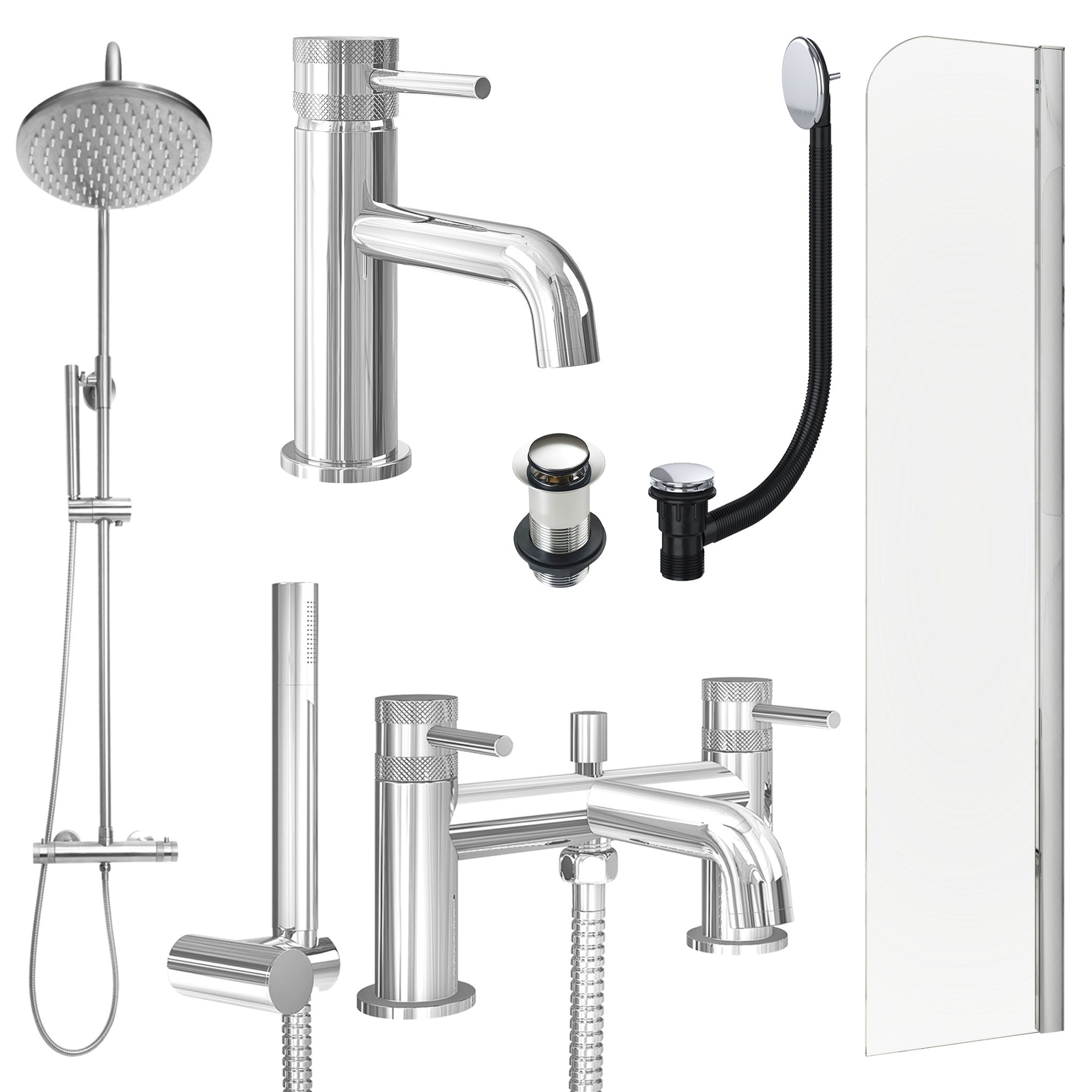 Chrome Basin Mixer Tap, Bath Shower Mixer and Rigid Shower with Unslotted Basin and Bath Waste and Radius Bath Screen