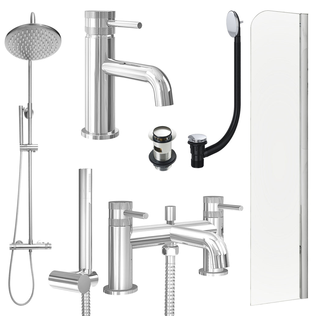 Chrome Basin Mixer Tap, Bath Shower Mixer and Rigid Shower with Slotted Basin and Bath Waste and Radius Bath Screen