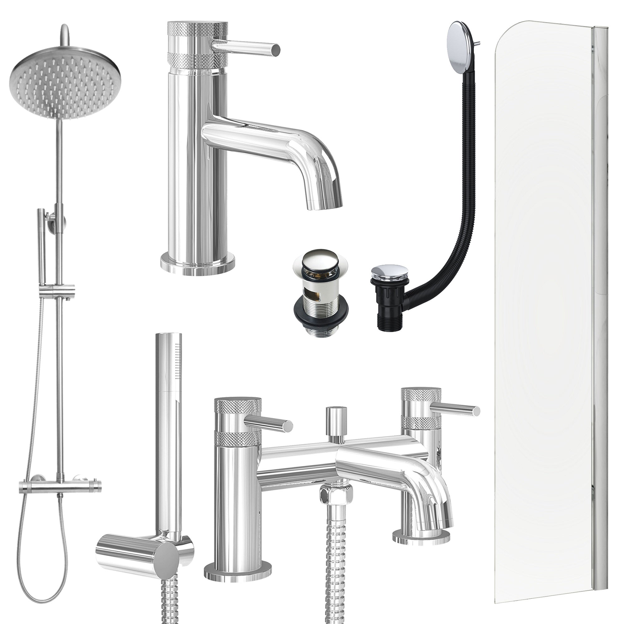 Chrome Basin Mixer Tap, Bath Shower Mixer and Rigid Shower with Slotted Basin and Bath Waste and Radius Bath Screen