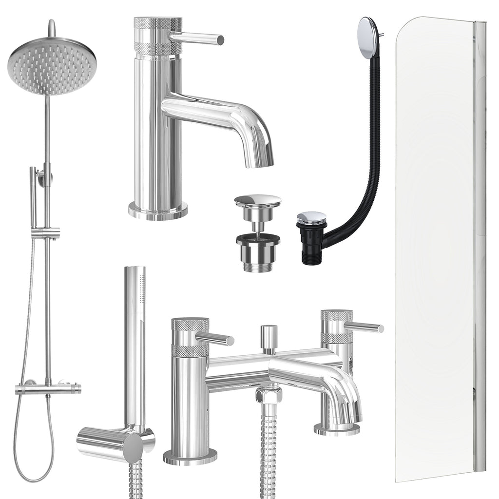 Chrome Basin Mixer Tap, Bath Shower Mixer and Rigid Shower with Universal Basin and Bath Waste and Radius Bath Screen